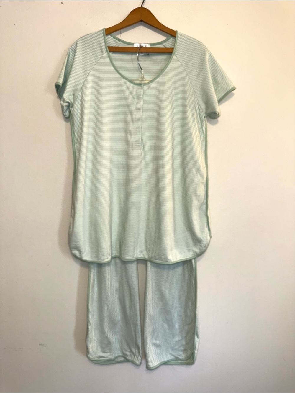 LAKE Pima Long Set Shirt & Wide Leg Pajamas Parisian Green Stripe  $128 Sz L